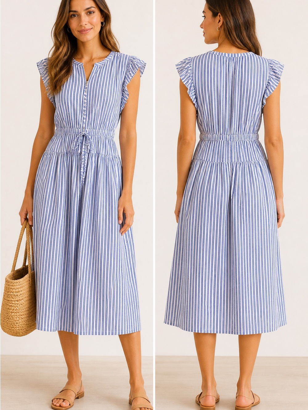 J.Crew Blue & White Striped Midi Dress | Ruffle Sleeve Tie Waist Coastal Chic